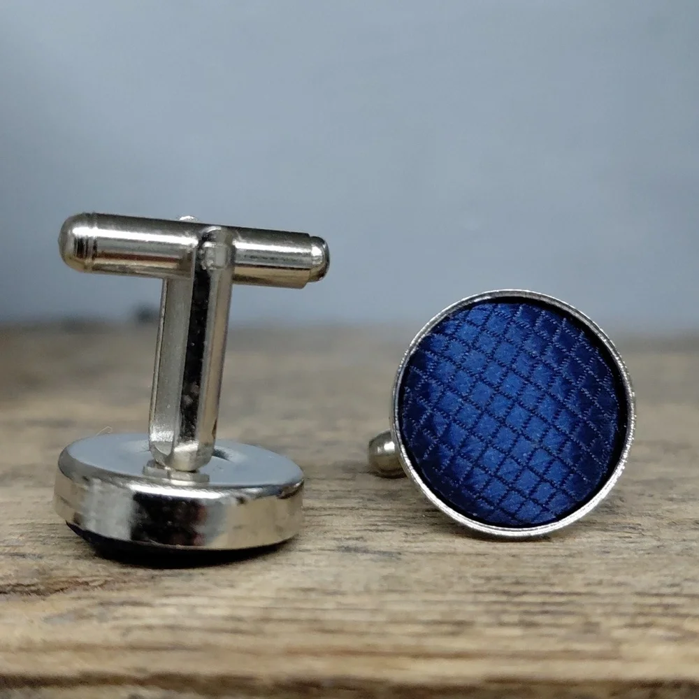 Vintage Silver And Blue Fabric Cuff Links